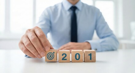An adult White businessman in a light blue shirt setting business goals for 2021 by placing a wooden block with a target icon on a desk in a bright office.