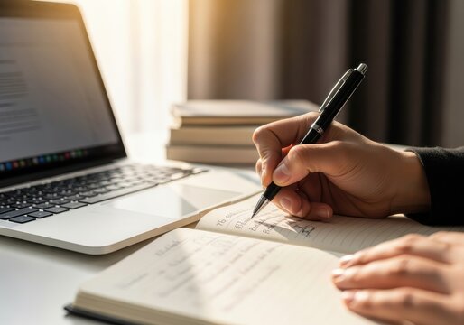 Person diligently writes notes in a journal beside an open portable computer in bright natural light