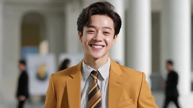 Suave Smile: A charismatic individual, radiates confidence in a tailored suit, projecting warmth and approachability.