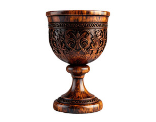 Detailed wooden goblet with intricate carvings against a black backdrop