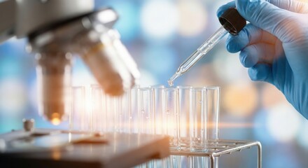 Professional adult male scientist in a modern clinical laboratory conducting medical research using a pipette and test tubes, high-key lighting, focus on gloved hands, healthcare and science concept.