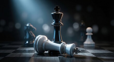 A black king chess piece standing victoriously over a fallen white king on a checkered board in a dark room, symbolizing victory, strategy, and competition in a business concept.