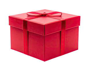 Square red present box tied with matching ribbon, on black background