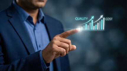 Professional South Asian adult man in a dark suit interacting with a digital interface showing quality and cost metrics, indoor office setting for business optimization.