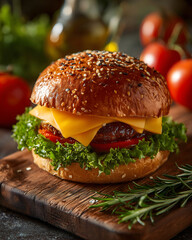 Delicious plant based burger with fresh vegetable and melted cheese on wooden board looks appetizing as gourmet meal for tasty lunch sandwich
