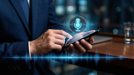 Professional Asian adult man in a blue suit using an AI voice assistant on a smartphone indoors at night, showcasing future technology and artificial intelligence concept with glowing blue waveforms.