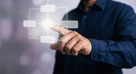 Southeast Asian adult man interacting with a glowing digital flowchart interface in a high-tech office setting, conceptual business process management and logical workflow optimization.