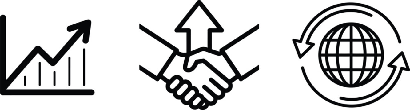 Business growth partnership global outline icons set. Business success line icon collection. Financial growth chart, handshake, and global expansion symbols. business presentations, infographics.