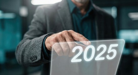 Professional adult man in a grey blazer indoors touching a glowing digital 2025 timeline, future business planning concept with 2026 and 2024 visible, high-key lighting and bokeh background