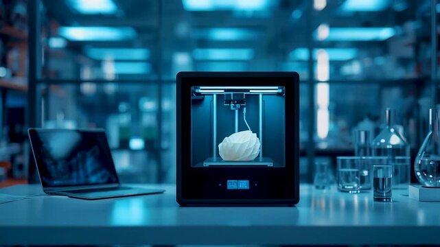 3D printer creating glowing white human skull inside glass enclosure blue lab lighting scientific equipment beakers laptop research setup