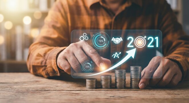 White adult man indoors at a wooden table in the morning, interacting with a digital financial growth chart and 2021 target above coin stacks, concept of investment success and positive mood. - Powered by Adobe