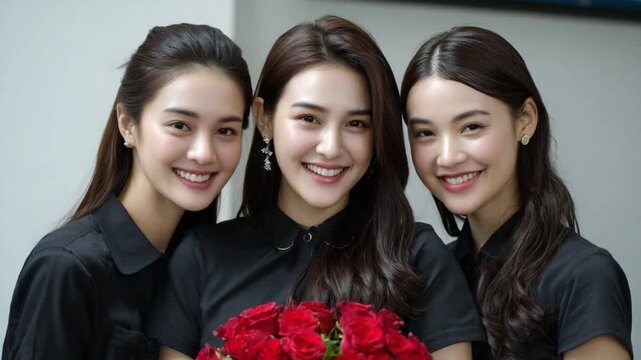 A Trio of Gracious Faces: A captivating composition features three elegant women, their faces radiant with warmth and beauty, united in a display of joyful camaraderie.