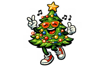 Christmas tree character dancing celebrating holidays with peace sign and thumbs up wearing sunglasses listening to music