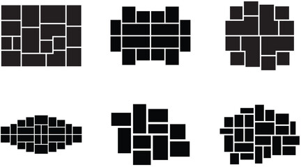 Empty 6 collage Vector photo frame set for memory.  Collage template. Minimal square photo mockup, modern vector layout for branding and presentation.
