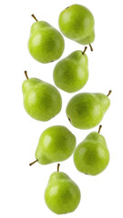 Fresh green pears falling, fruits on transparent background