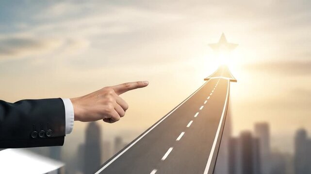 Hand Pointing on Career Path Roadmap Toward Final Destination