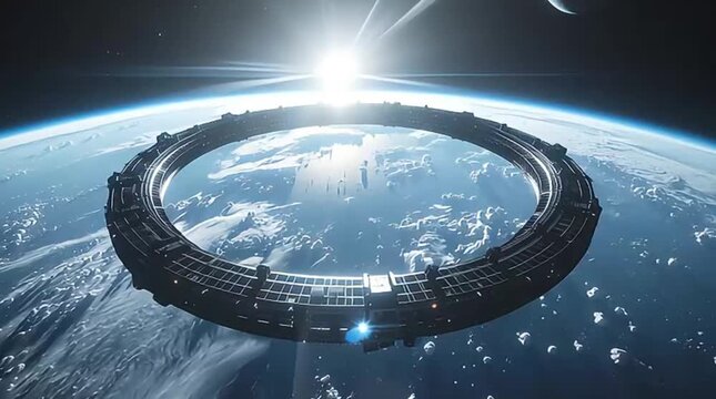A large, futuristic ring-shaped space station orbits a vibrant planet, illuminated by a bright sun in the dark expanse of space.