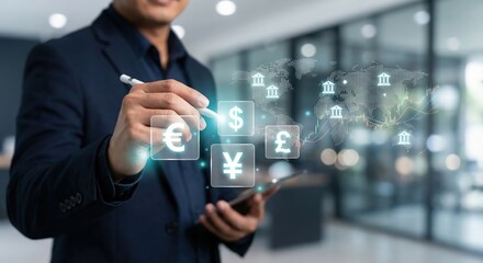 Adult Southeast Asian Businessman Managing Global Forex and Digital Finance Investment on Virtual HUD Screen with World Map and Currency Symbols Indoors, Professional Fintech Concept