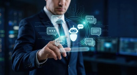 Professional adult man in a suit interacting with a glowing digital AI chatbot interface and message icons in a dark office, concept of artificial intelligence and customer support.