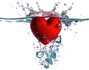 Red heart submerging into clear water, creating splashing effects