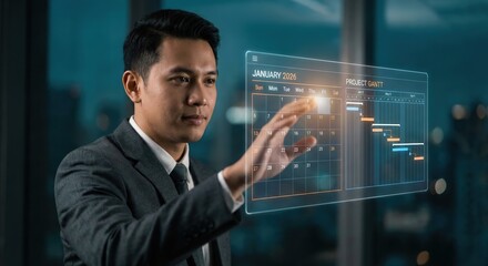 Southeast Asian adult man in a suit interacting with a glowing digital calendar and Gantt chart interface for project management and time scheduling in a professional indoor setting.