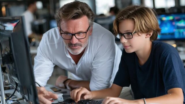 Guidance and Learning: A mentor guides a young student, both immersed in the world of technology, their faces illuminated by the glow of the screen, as they study together.