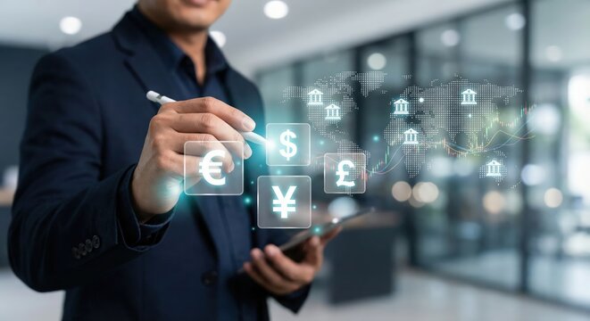 Adult Southeast Asian Businessman Managing Global Forex and Digital Finance Investment on Virtual HUD Screen with World Map and Currency Symbols Indoors, Professional Fintech Concept - Powered by Adobe