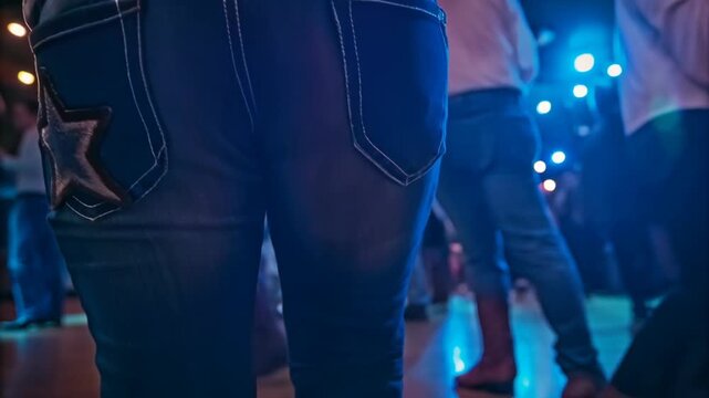 Line dancing in boots and jeans on wooden floor concept. Focus on denim with a star embellishment while dancers enjoy the lively atmosphere.