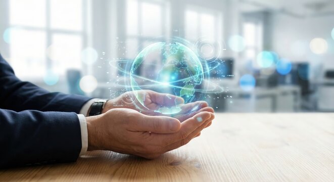 Professional Adult White Businessman in Blue Shirt Holding Glowing Digital Earth Globe Hologram at Office Desk, Symbolizing Global Connectivity, Technology, and Sustainability Concept - Powered by Adobe