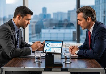 Two businessmen review data charts displayed on a digital tablet during a meeting in an office setting