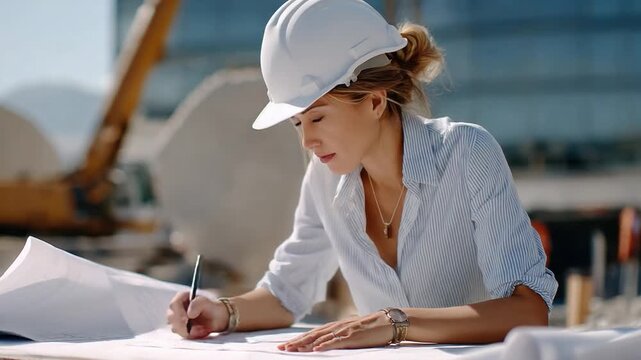 Female Architect at Construction Site: An architect focused and diligently reviewing blueprints on a bustling construction site. The scene is infused with an air of determined professionalism.