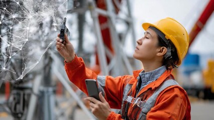 Smart Technology in Industry: A focused engineer, donned in protective workwear and a yellow hard hat, examines intricate digital schematics, integrating technology in industrial applications. - Powered by Adobe