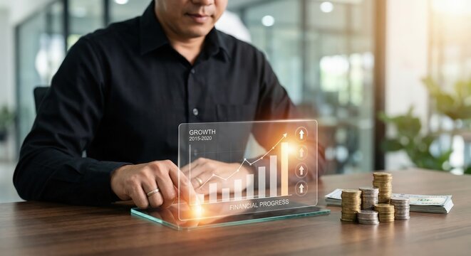 Close up of an adult man indoors at an office analyzing financial growth using a tablet with a glowing digital chart HUD and stacks of coins symbolizing business success and investment planning. - Powered by Adobe
