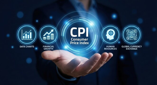Adult Caucasian man in a professional dark suit holding a glowing digital Consumer Price Index CPI holographic interface with financial icons in a modern office, concept of economy and inflation - Powered by Adobe
