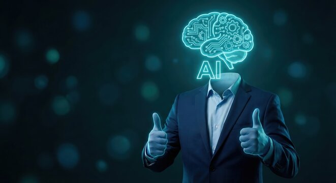 Positive professional adult man in a blue business suit giving a double thumbs up with a glowing cyan digital brain and AI text instead of a head, symbolizing innovative artificial intelligence. - Powered by Adobe