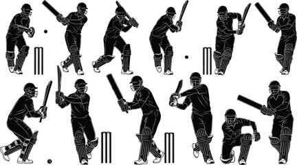 Cricket player in various batting poses, black and white illustration