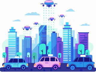 Obraz premium Futuristic cityscape with drones delivering packages to cars