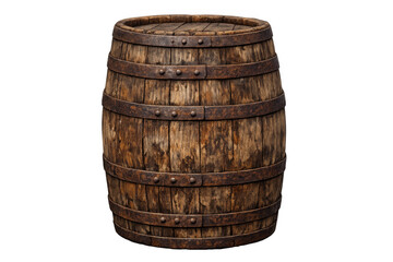 Obraz premium Rustic oak barrel with metal hoops, representing aging, storage, tradition in winery, brewery, distillery