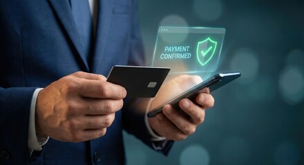 Professional adult man in a navy suit making a secure online payment using a credit card and smartphone with a glowing digital holographic interface, fintech and mobile banking concept.