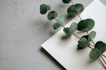 Minimalist eucalyptus branch on textured paper background &mdash; botanical still life for stationery, wellness, design and home decor inspiration