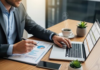 Professional person analyzes business data reports while working on a portable computer