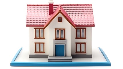 Charming miniature white house with red roof and blue door on display