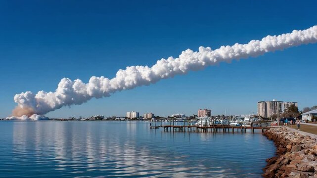 Rocket Launch Over Coastal City: Witness the awe-inspiring moment as a rocket soars majestically into the sky, leaving a trail of smoke and vapor. A bustling coastal city below.