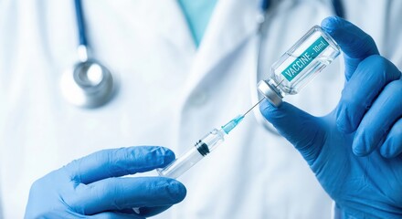 Adult Southeast Asian doctor in blue gloves and white lab coat drawing a vaccine from a glass vial into a syringe in a bright clinical office, immunization and healthcare concept.