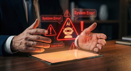 Adult Businessman in Dark Suit Indoors Interacting with Glowing AI Tablet Displaying System Error and Warning Icons, Cybersecurity and Artificial Intelligence Troubleshooting Concept