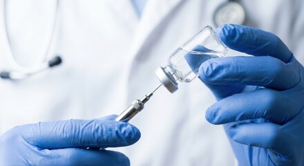 A professional South Asian adult male doctor in a white lab coat drawing a dose of vaccine from a glass vial into a syringe in a sterile indoor clinic environment during a medical checkup.