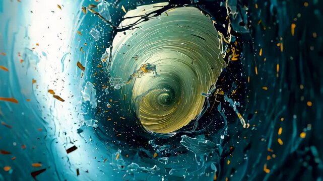 Swirling vortex tunnel blue water spiral shell center debris particles floating chaotic whirlpool underwater abstract motion energy flow