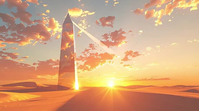 A tall, reflective monolith stands dramatically in a vast, sandy desert landscape under a breathtaking sunset sky with warm light.