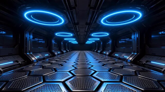 Futuristic corridor with hexagonal floor and blue lights