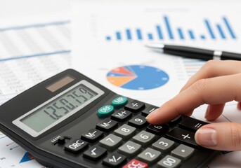Person using a handheld electronic calculating device over financial documents displaying graphs and numbers